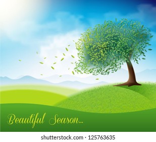 Green field with beautiful tree - vector