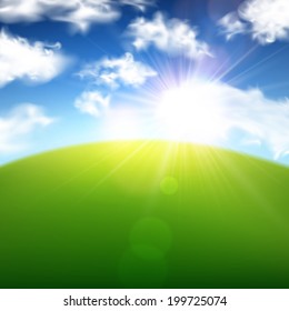 Green field with blue sky and clouds background. Vector illustration. 