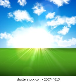 Green field with blue sky and clouds background. Vector illustration. 