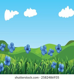 A green field with a blue sky and clouds  Premium AI-generated vector