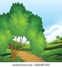 A green field with a blue sky and clouds  Premium AI-generated vector