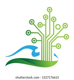 green field, blue water wave and circuit board tree, vector