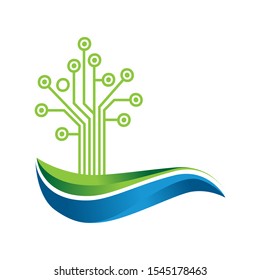 green field, blue water wave and circuit board tree, vector