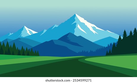 
green field bordered by trees, with majestic mountains rising in the background under a clear blue sky flat vector illustration.
