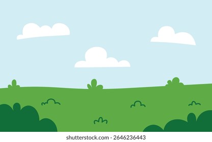 Green Field With Bushes Under A Blue Sky With White Clouds.