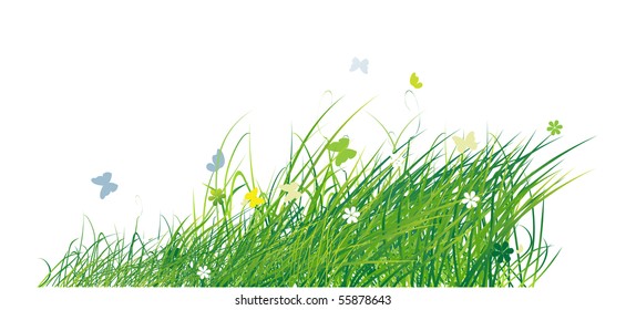 Green field with butterflies, summer background