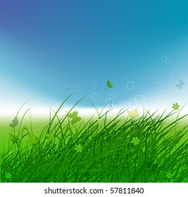 Green field with butterflies, summer background