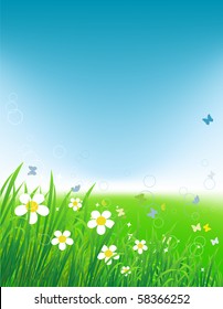 Green field with butterflies, summer background