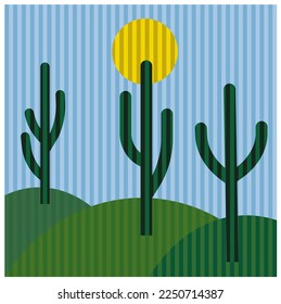 Green field with cacti and yellow sun. Image made with stripes. Geometric style. Vector illustration.