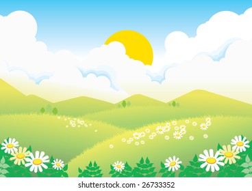 green field with camomiles under solcem on blue sky