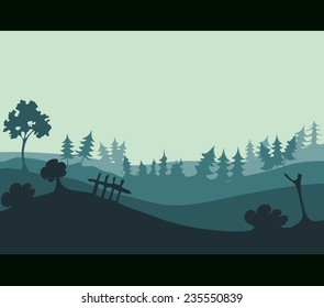 Green Field Environment with Various Trees in the Background and small Fence in the Foreground, Vector Illustration. 