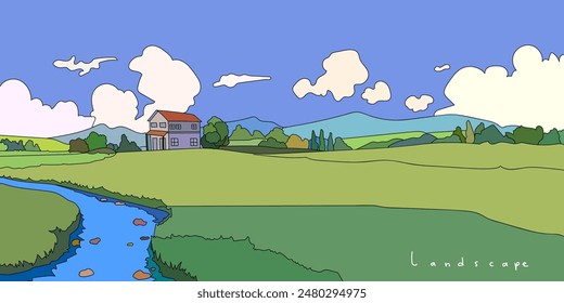 Green field farmyard lanscape vector illustration background. Outline, sketch, vintage agriculture view. Green grass, meadows, trees and blue sky suitable for banner and poster.