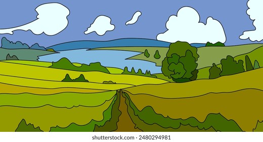 Grünes Feld Bauernhof Landschaft Vektorillustration Hintergrund. Umriss, Skizze, Vintage-Ansicht der Landwirtschaft. Grünes Gras, Wiesen, Bäume und blauer Himmel geeignet für Banner und Plakat.