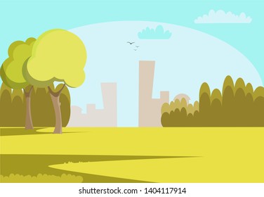 Green field flat illustration. Spring grass lawn background. Open plain park with trees and bushes landscape. Summer, spring meadow design element. Outdoor scenery. Garden, yard banner backdrop