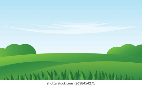 green field with grass and blue sky background. nature landscape cartoon scene