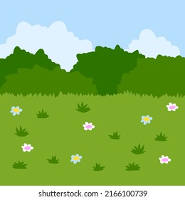 Green field with grass. Lawn with bushes and sky. Background for nature. Flat Funny lawn