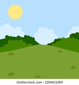 Green field with grass. Lawn with bushes and sky. Background for nature. Flat Funny lawn
