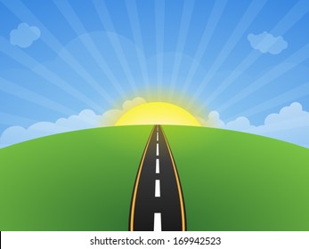 Green field with with Highway and clouds on blue sky in. Sunset of Road 