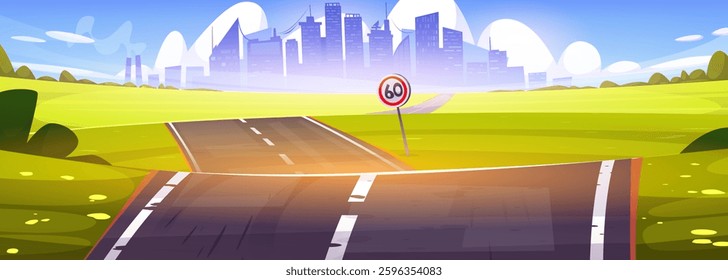 Green field highway to modern city. Vector cartoon illustration of summer landscape with grass and bushes, cityscape silhouette with skyscrapers on horizon, traffic sign on road, clouds in blue sky