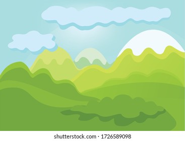 Green field with hills, trees and clouds. Game desigh scene