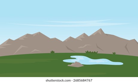 Campo verde con el fondo del lago y de la montaña. Escena de dibujos animados del paisaje