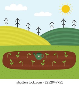 Green field landscape with a garden bed in cartoon style. Meadow with sprouts and a watering can. Summer background with hills and trees. Planting. Vector illustration