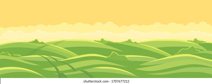 Green Field Landscape. Field Track Road. Spring Grass. Agricultural Farming Acreage. Vector Background.