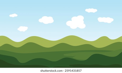 green field with mountain with white cloud on blue sky. landscape cartoon scene