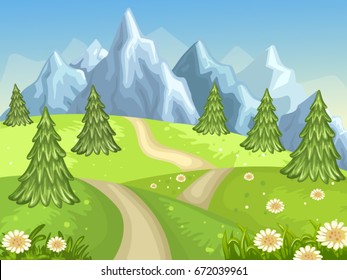 Green field with mountains hills and pine tree