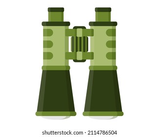 Green field, opera, military binoculars for observing distant objects. Touristic equipment for camping and tourism. Military concept for army, soldiers and war. Vector cartoon isolated illustration.