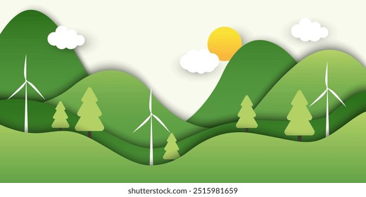 Green field in paper art style