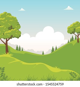 Green field or park with beautiful scenery landscape, suitable for kid background, cover, flyer with cartoon style