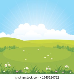 Green Field Or Park With Beautiful Scenery Landscape, Suitable For Kid Background, Cover, Flyer With Cartoon Style