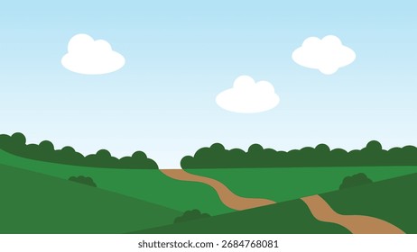 Campo verde con el camino y el cielo azul con la nube esponjosa blanca 