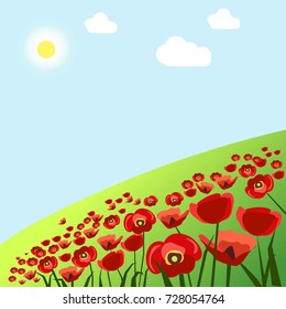 Green field with red poppies under hot summer sun
