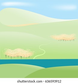 Green field and river landscape. Vector illustration