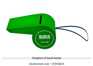 A Green Field with The Shahada Inscription and A Sword in White of The Kingdom of Saudi Arabia Flag on A Whistle, The Sport Concept and Political Symbol. 