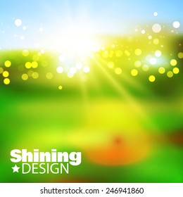 Green field with shining sun. Vector illustration 
