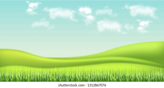 Green field and sky background Vector realistic. detailed 3d illustrations