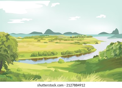 Green field and small cannel fall through in the land area 