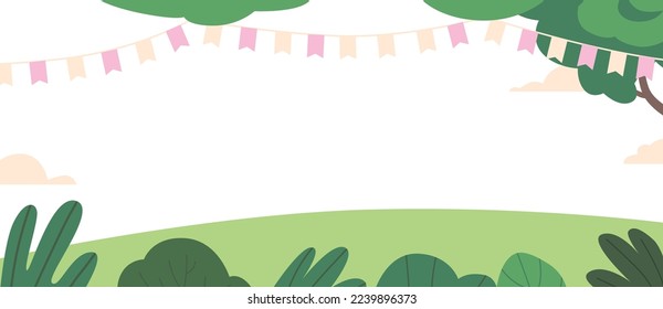 Green Field at Spring or Summer Time Decorated with Flag Garlands. Countryside Landscape, Nature Background with Trees and Meadow Ready for Holiday Celebration. Cartoon Vector Illustration