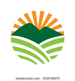 green field with sun for your farm logo design vector illustrations