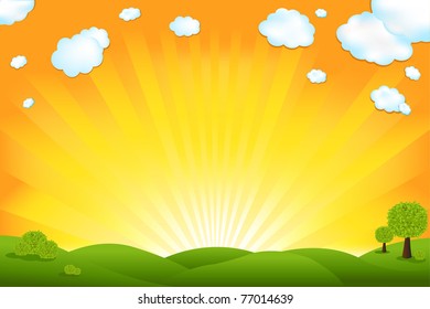 Green Field And Sunrise Sky, Vector Illustration