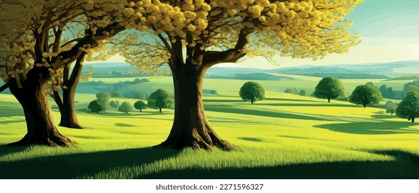 Green field, tree and blue sky. Gorgeous as background, web banner. Spring landscape in the countryside with a green meadow on the hills with blue sky, vector summer or spring landscape, panoramic