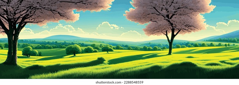Green field, tree and blue sky. Great background, web banner. Electrical illustration Spring background. Green meadow, trees. Cartoon illustration beautiful summer landscape valley with blue sky svg