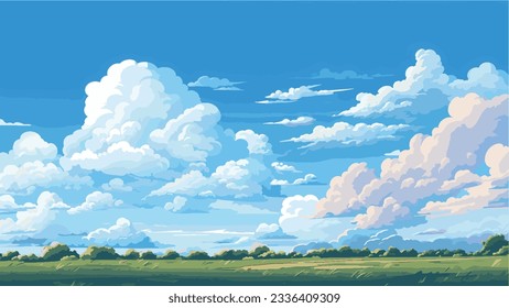 Green field, tree and blue sky. Vector illustration