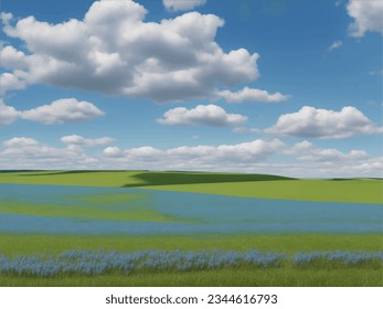 Green field, tree and blue sky. Great as a background,web banner. 3D Illustration