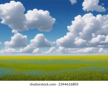 Campo verde, árbol y cielo azul. Genial como fondo, banner web. Ilustración 3D