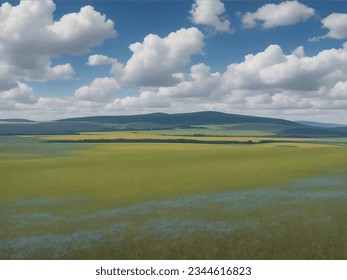 Green field, tree and blue sky. Great as a background,web banner. 3D Illustration
