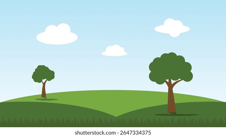 Campo verde con los árboles y el fondo azul del cielo. Escena de dibujos animados del paisaje de la naturaleza 